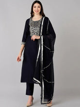 Women Navy Blue Polyester Embroidered Straight Kurta Pant Set With Dupatta-PKSKD1284